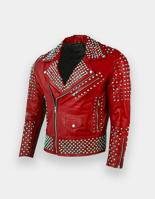 Men's Studded Red Leather Jacket, Men Spikes and Studs jacket, Men fashion wear jacket, Punk Party